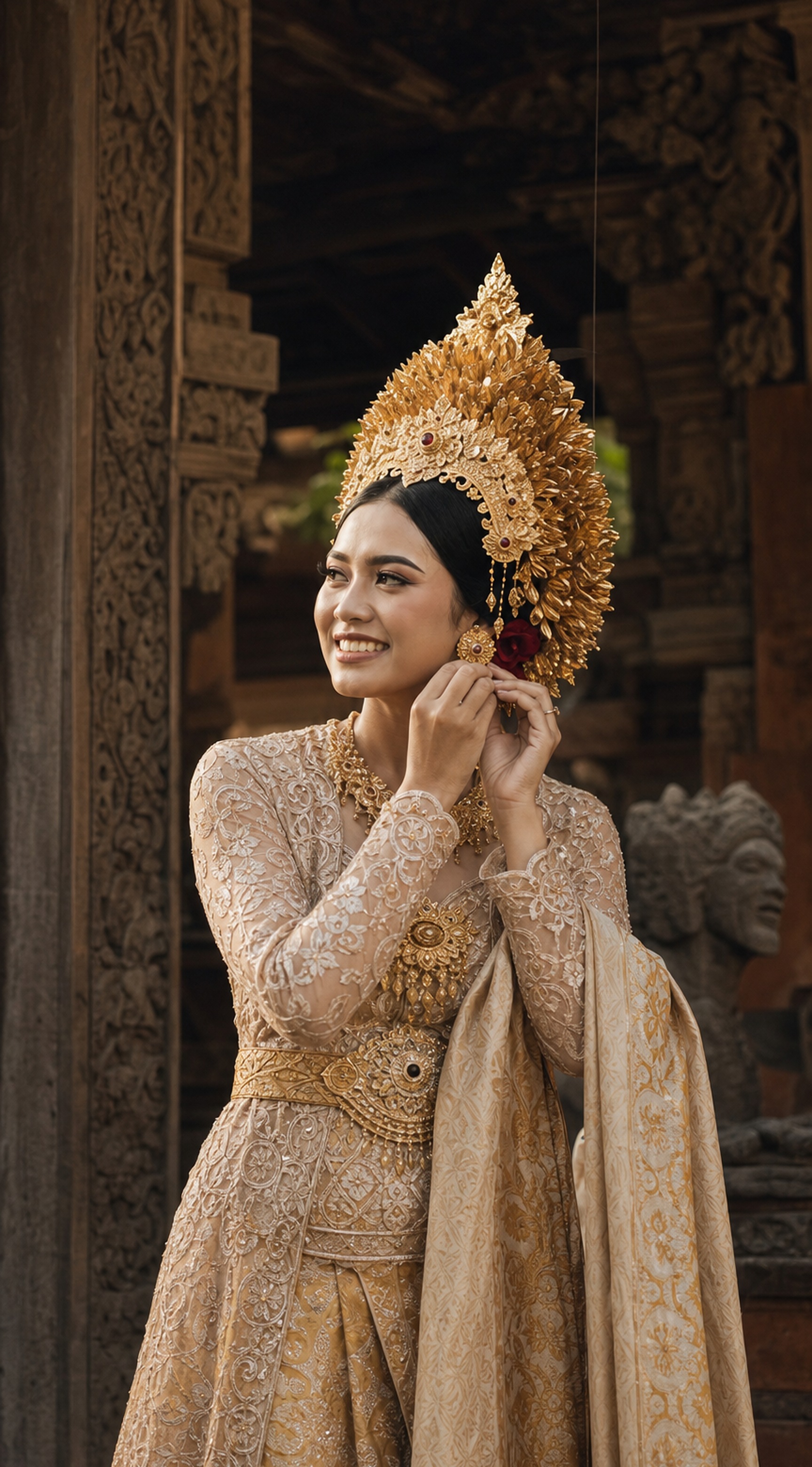 Bride in traditional Balinese wedding attire adjusting her earring